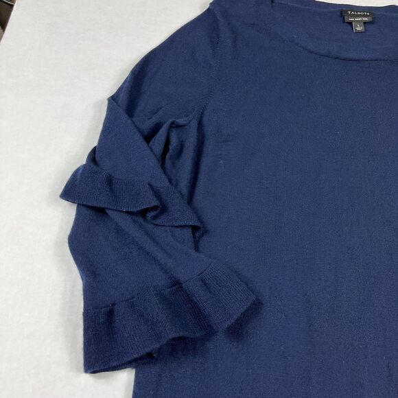 Talbots Merino Wool Classic Sweater Blue Ruffled 3/4 Sleeve Work Pullover LARGE - Picture 3 of 10